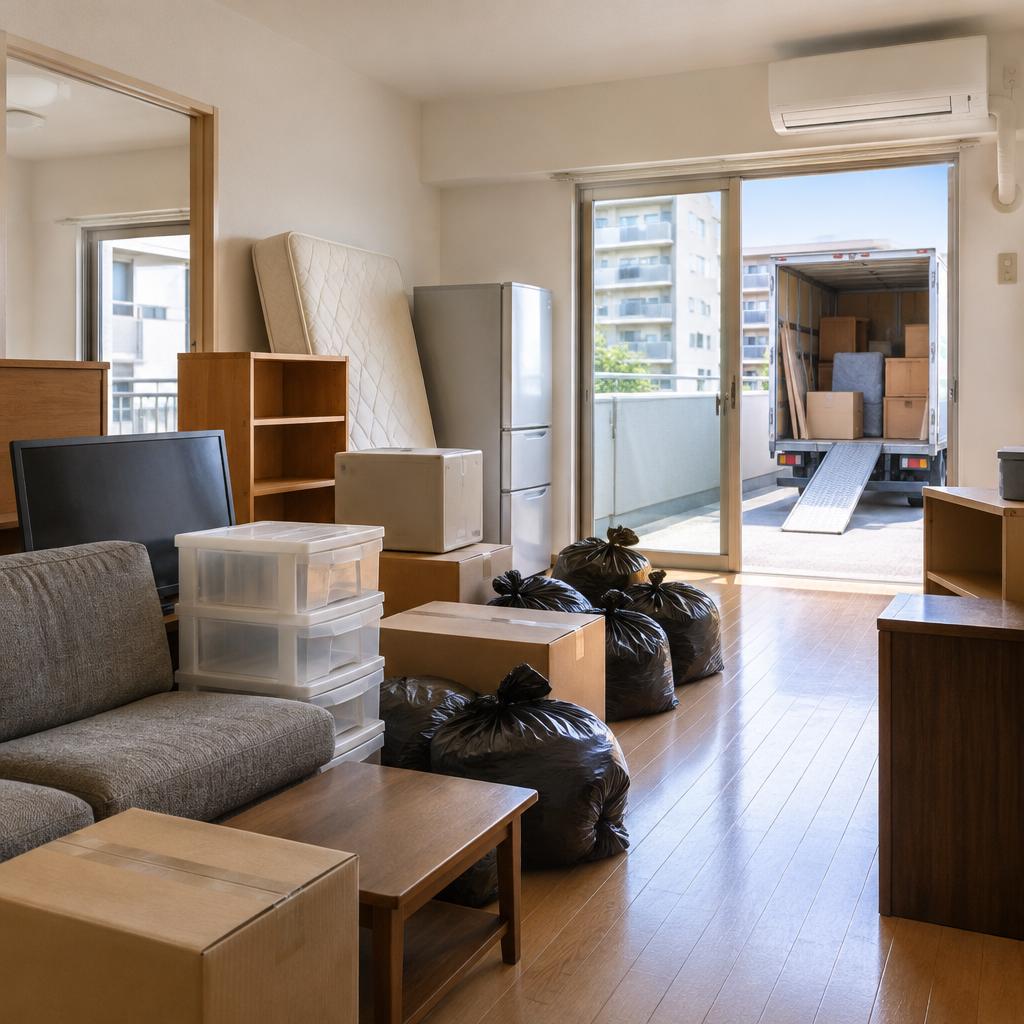 丸亀市のマンション退去後、不用品をまるごと回収。仕分けから搬出まで、安心・丁寧にお任せください。